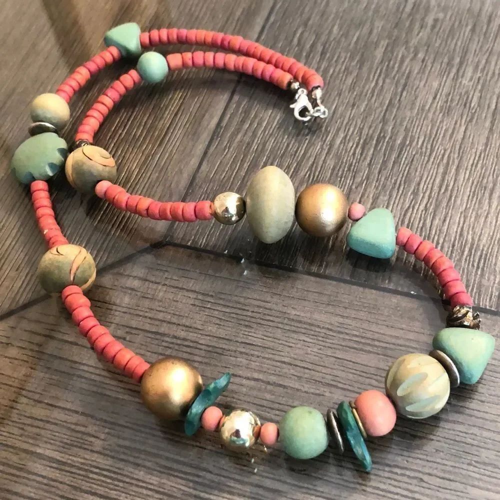 Vintage 1980’s Wooden Necklace Washed Turquoise & Coral colors